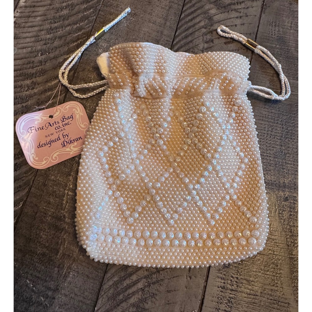 Cream Pearl Beaded Vintage Evening Bag Drawstring Purse Pouch Handbag Art Deco